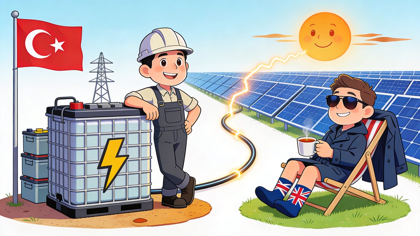 16:9 lighthearted cartoon of Turkey as a battery engineer and Britain sunbathing among solar panels, linked by a glowing power cable. 16:9 lighthearted cartoon of Turkey as a battery engineer and Britain sunbathing among solar panels, linked by a glowing power cable.
