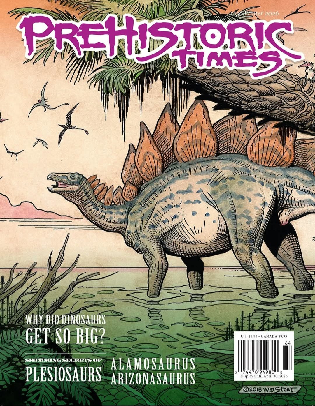 Image of the cover of the Prehistoric Times magazine #156 featuring stegosaurus art by William Stout.