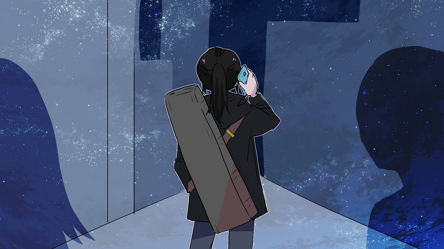 cg of girl on phone at night, starry