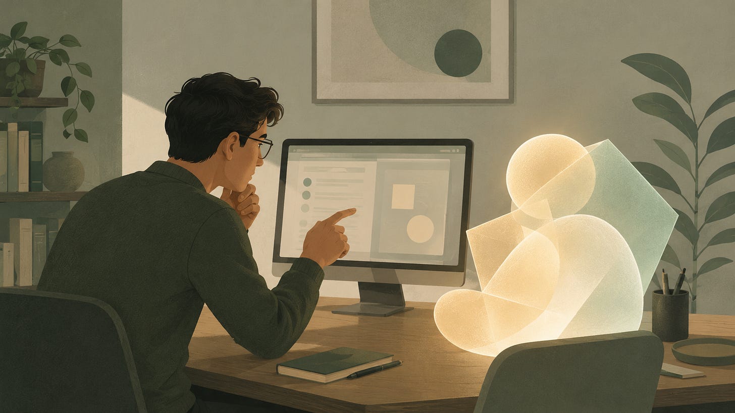 Engineer collaborating with an abstract AI presence at a desk while reviewing a shared screen. Engineer collaborating with an abstract AI presence at a desk while reviewing a shared screen.
