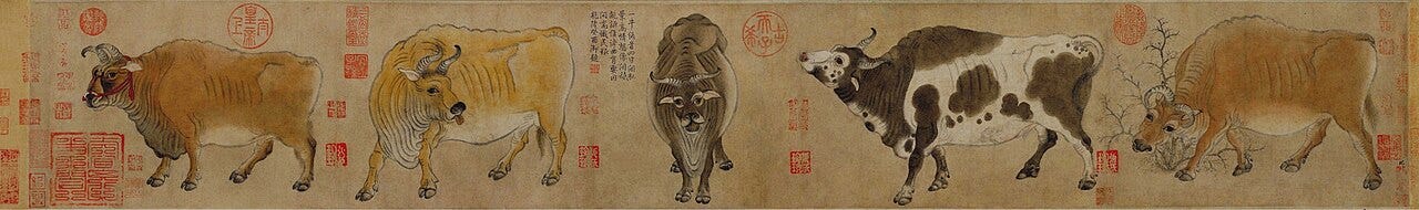 Han Huang, Five Oxen, five oxen in a row painted in ink and color, Tang dynasty Han Huang, Five Oxen, five oxen in a row painted in ink and color, Tang dynasty