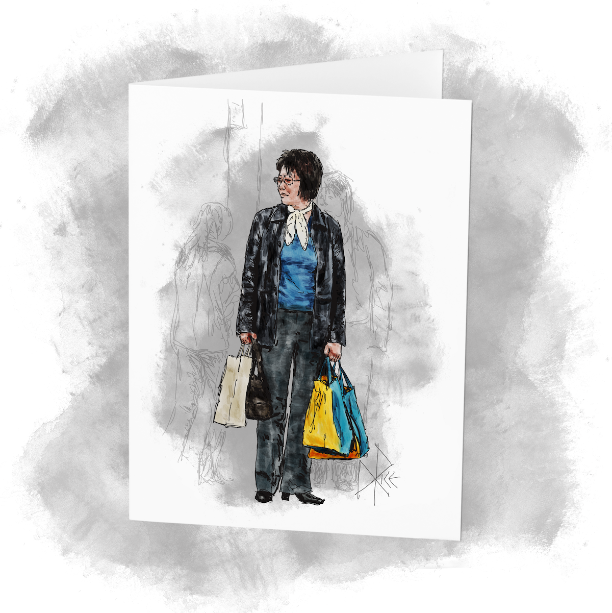 Alertly scanning the world around her, a woman stands at an intersection while holding shopping bags in each hand. Sketch art by Don Rice.