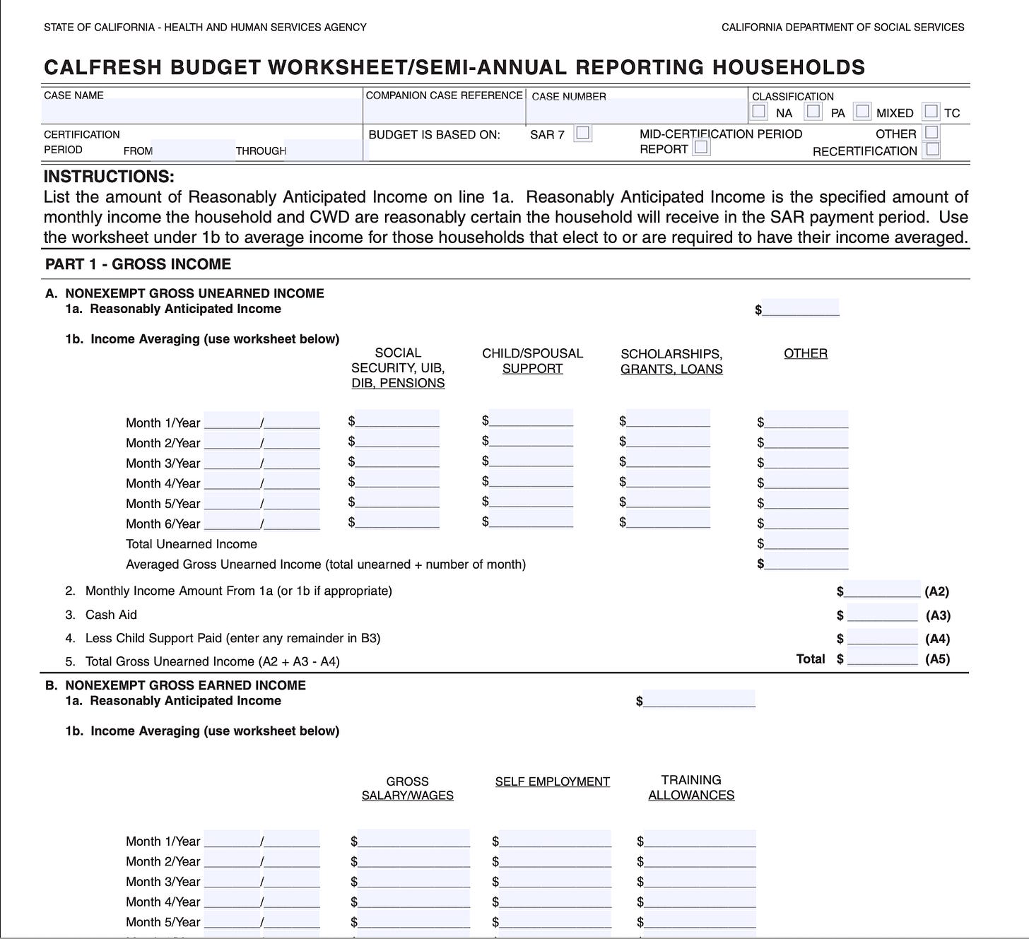 California's CalFresh budget worksheet (CF 286 SAR)