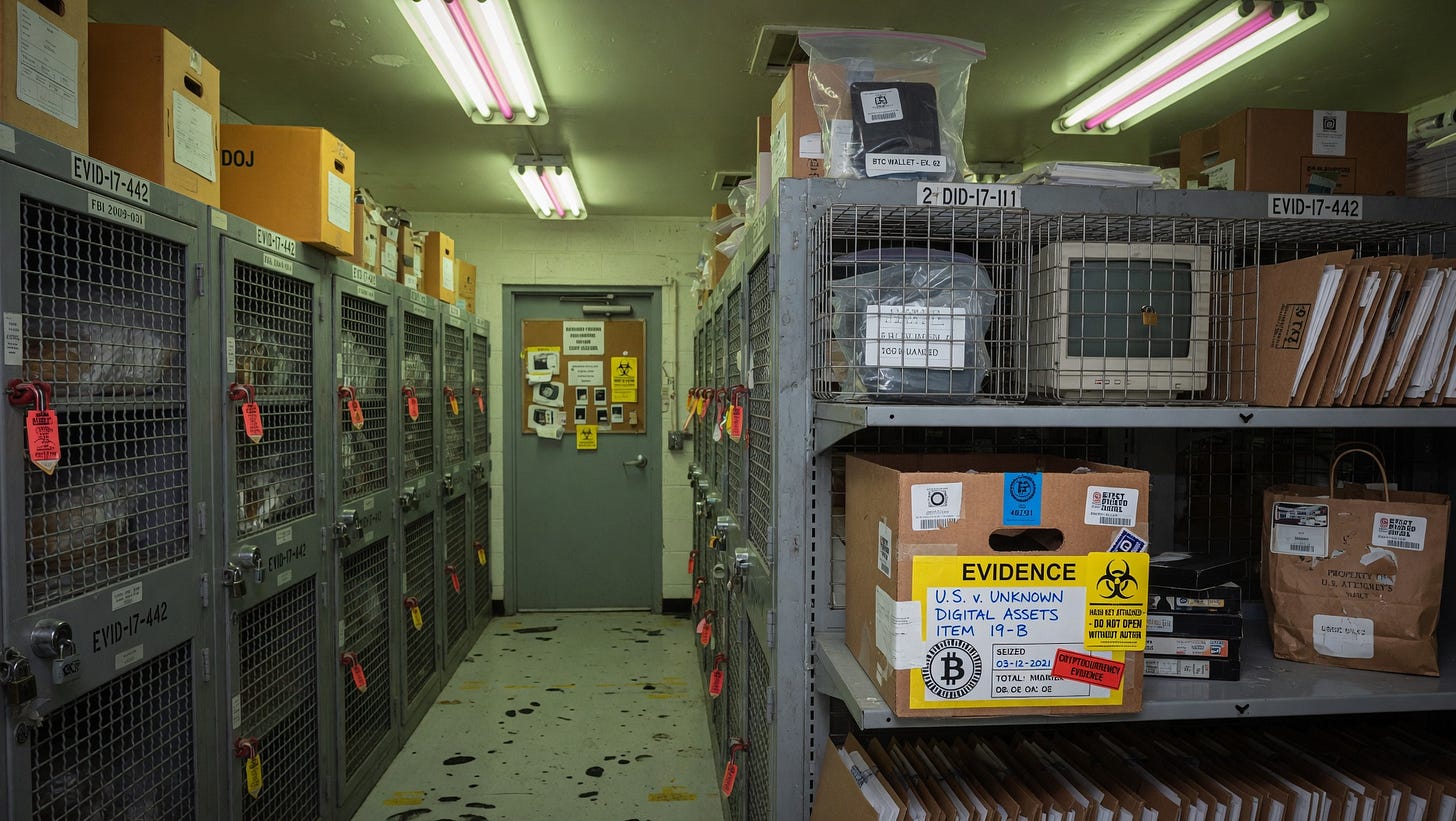 A federal evidence storage room with locked shelving and tagged property, a Bitcoin symbol on one label, representing the true source of US government Bitcoin holdings as criminal seizures.