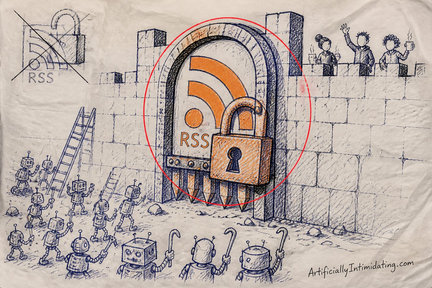 A giant orange padlock slams shut over a gate bearing the RSS icon while small robots with crowbars and ladders gather outside the wall and a few humans with coffee mugs wave from the wrong side.