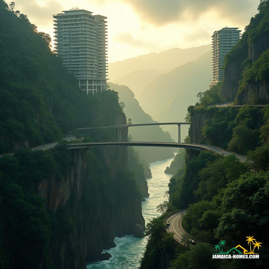 Jamaican mountain pass with narrow winding road, fast-moving river, and lush green cliffs, modern apartment towers rise with realistic glass, concrete, and steel, connected by skybridges, Jamaican taxis and cars navigate, tropical vegetation on cliffs, golden sunlight through misty clouds, in ultra-realistic cinematic style inspired by filmmakers like Denis Villeneuve, Roger Deakins, and Emmanuel Lubezki, with cinematic lighting, film grain, and vignette.