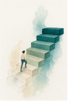 A soft watercolor illustration of a person climbing a staircase made of chunky, block-like steps. The stairs rise from the lower left to the upper right, shifting in color from pale cream at the bottom to deep teal-green at the top. The person, shown mid-stride with one foot on a higher step, wears a light shirt and pants and has short dark hair. Wispy green watercolor washes drift behind the stairs against a plain off-white background, giving a calm, hopeful feeling of upward progress.