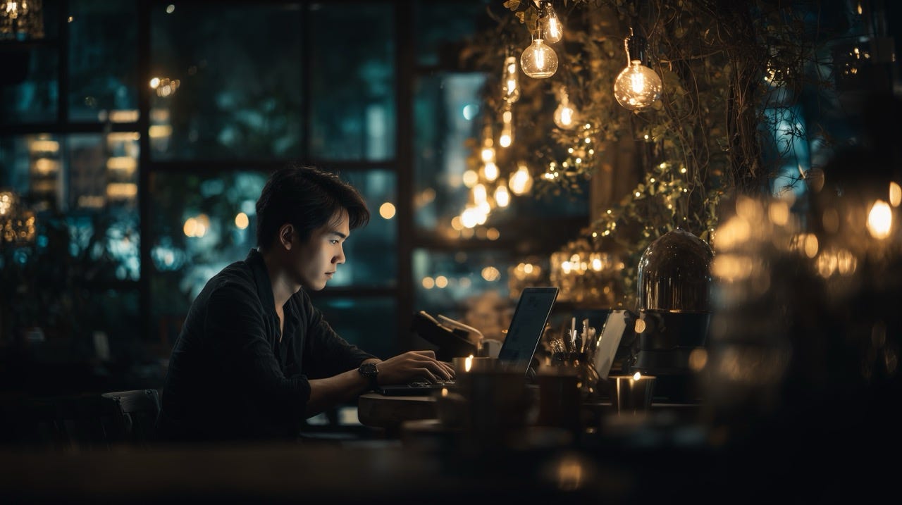 Image of a man working in a diml lit cage.