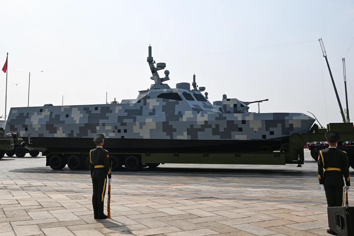 A Chinese military drone boat is seen during a parade marking the end of World War II, in Beijing's Tiananmen Square, Sept. 3, 2025. Photo: GREG BAKER/AFP/Getty A Chinese military drone boat is seen during a parade marking the end of World War II, in Beijing's Tiananmen Square, Sept. 3, 2025. Photo: GREG BAKER/AFP/Getty