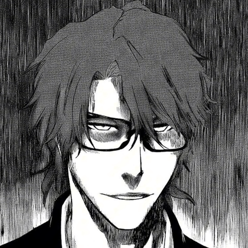 a black and white drawing of a person with glasses