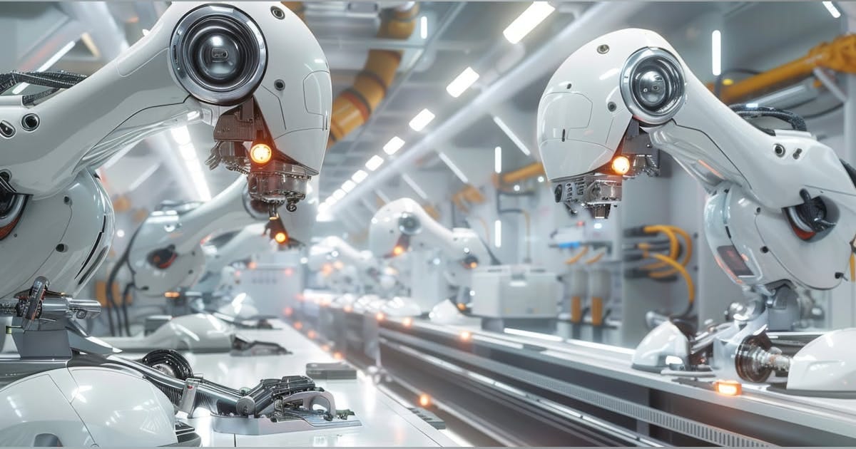 A futuristic manufacturing facility with multiple robotic arms working efficiently on an assembly line. A futuristic manufacturing facility with multiple robotic arms working efficiently on an assembly line.