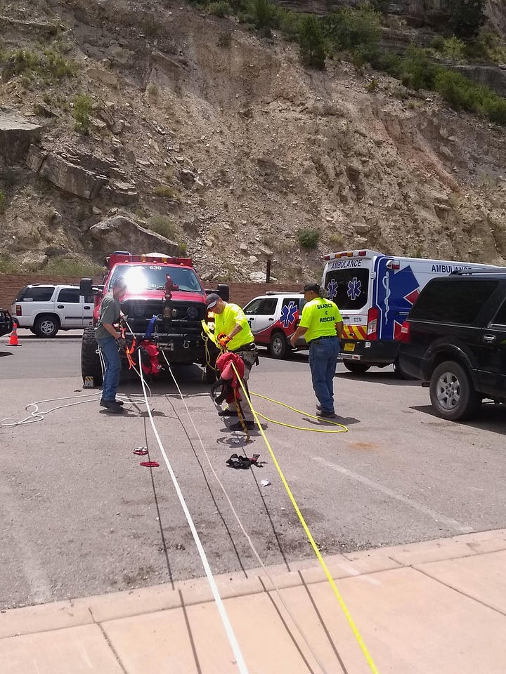 first responders use ropes for a rescue at the tunnel vista trail. screen shot of tiktok tunnel vista videos. 