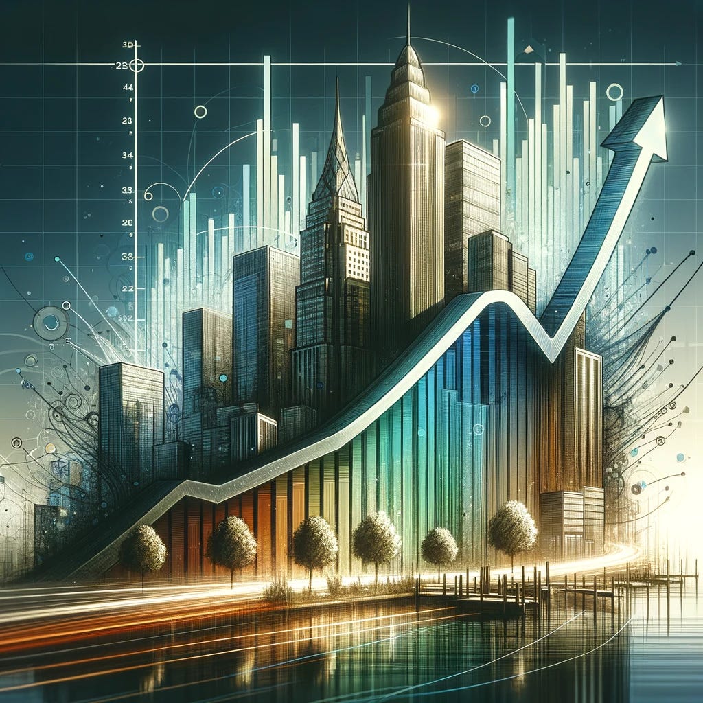 Create an image that combines corporate elements with a visual metaphor for slowing growth over time. Depict a graph next to a flourishing corporate skyscraper, where the graph's upward trend gradually flattens as it approaches the present, symbolizing the company's initial rapid growth and the eventual plateau. Incorporate visual elements that suggest a bustling corporate environment transitioning to a more static state, highlighting the contrast between initial growth spurts and the subsequent challenges of maintaining that momentum. The style should be dynamic yet clear, with a focus on illustrating the concept of growth slowing over time in the context of a successful company.