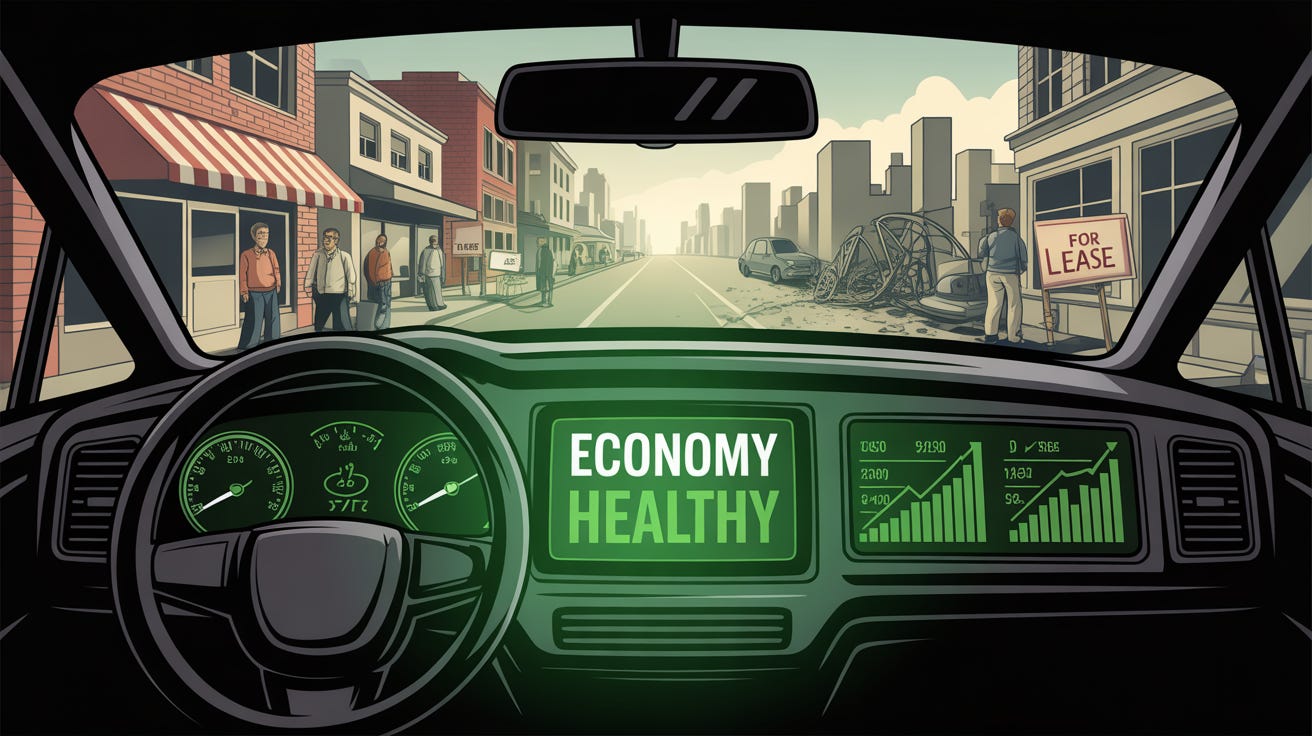 Car dashboard showing healthy economic indicators while the view through windshield reveals economic deterioration and struggle