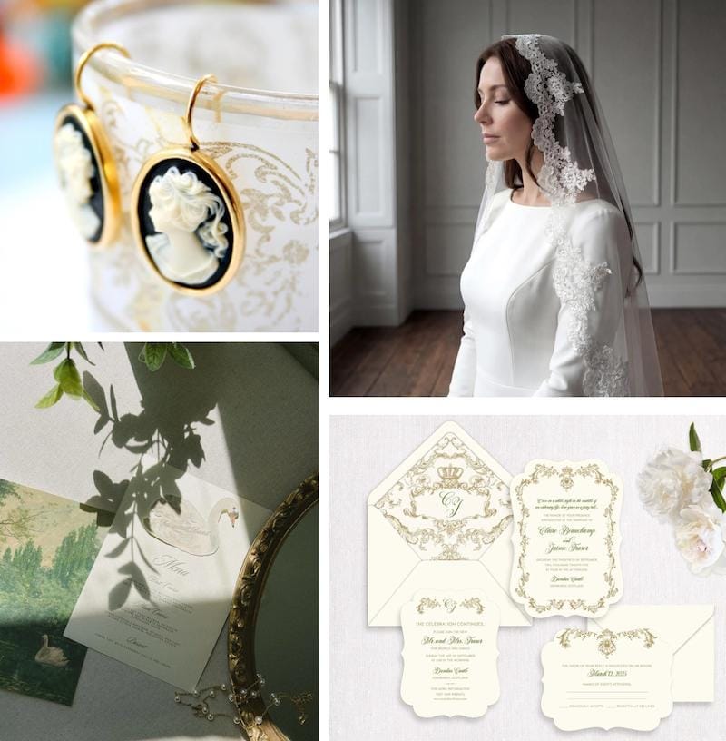 Gothic style earrings, a lace veil, swan wedding invitation, and royal-inspired wedding invitations Gothic style earrings, a lace veil, swan wedding invitation, and royal-inspired wedding invitations