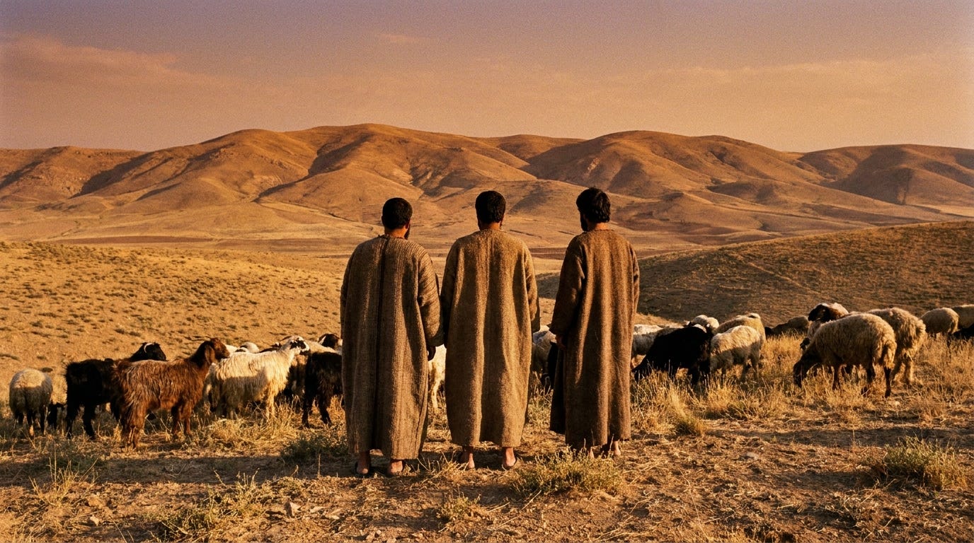 Three figures in ancient robes standing together among grazing sheep and goats in an open field at dusk, facing distant hills, no text, no faces Three figures in ancient robes standing together among grazing sheep and goats in an open field at dusk, facing distant hills, no text, no faces
