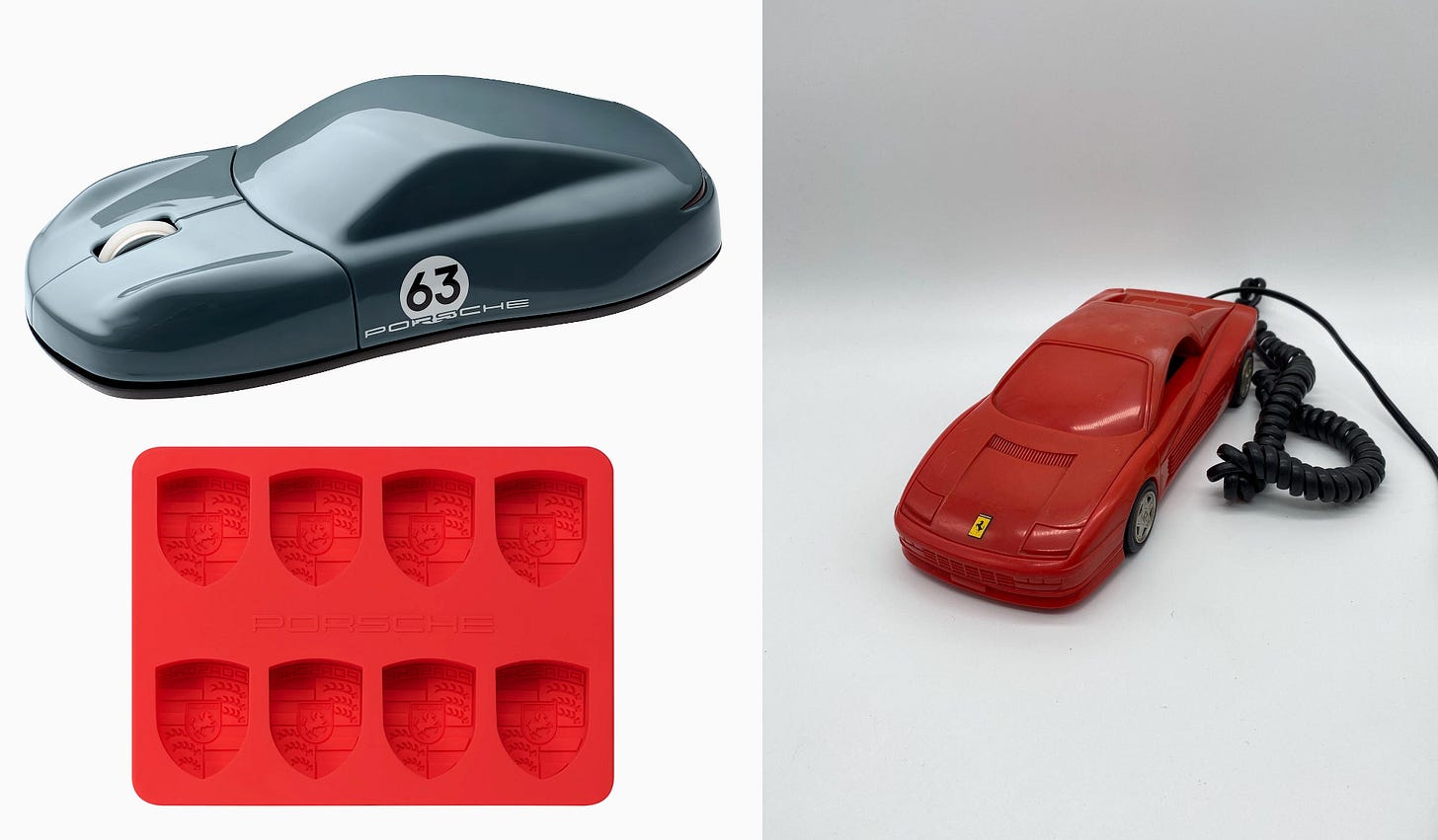 Ferrari and Porsche merch: ice cube tray, computer mouse and telephone