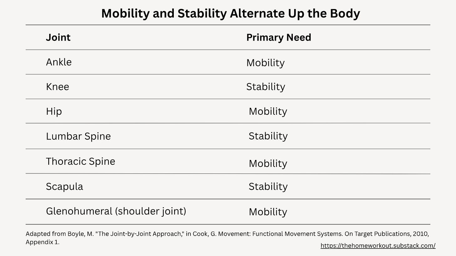 Table listing seven joints from ankle to shoulder with each one's primary need, mobility or stability, alternating up the body.