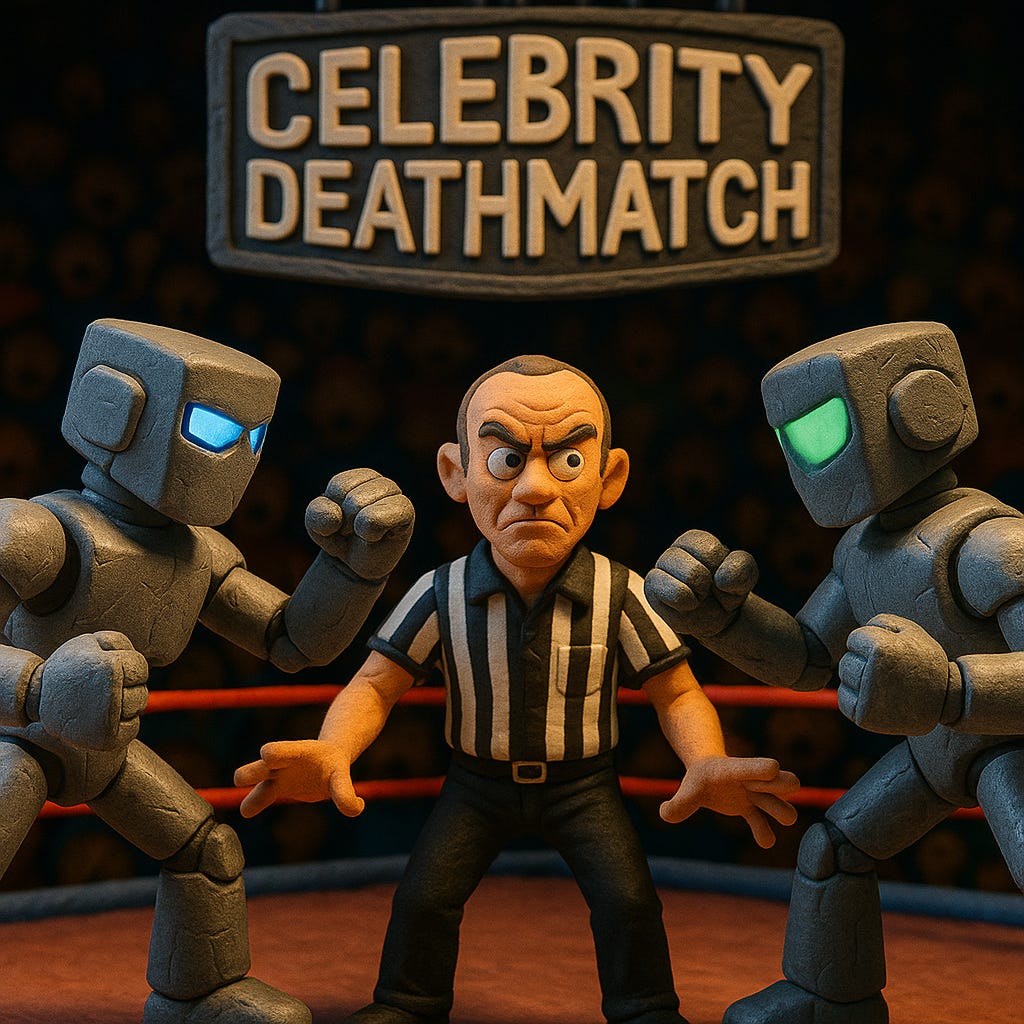 Claymation-style scene of two robots fighting in a wrestling ring with the Celebrity Deathmatch referee between them and logo above on a jumbotron.