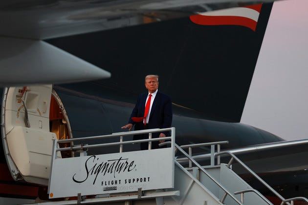 Former President Donald Trump boards his private airplane, also known as Trump Force One. Former President Donald Trump boards his private airplane, also known as Trump Force One.
