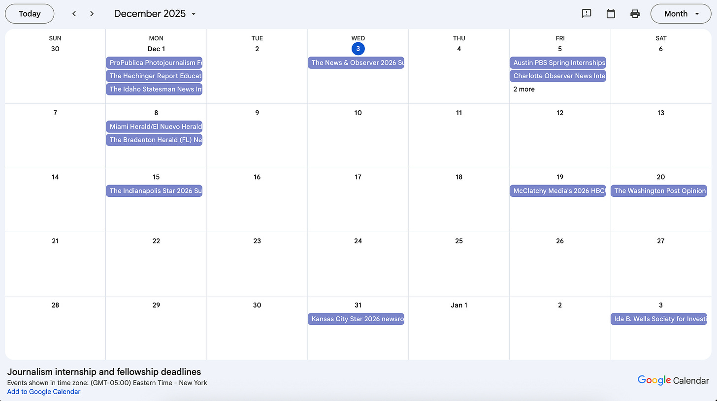 An internship calendar shows deadlines for the Miami Herald, Indianapolis Star, Kansas City Star and more.
