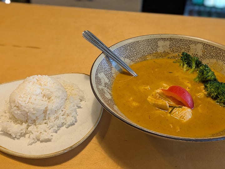 A bowl of panang curry and some tea I had at Thai Pantry last week.