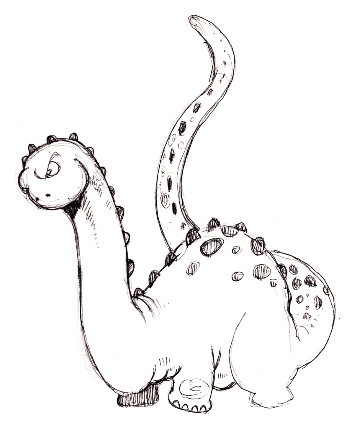 Ballpoint sketch of a cute and angry sauropod dinosaur.