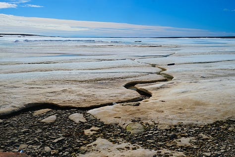 (Left to Right): Image of icy glaciers and blue skies, image of a water path twisting towards the sea, image of melt pond drainage