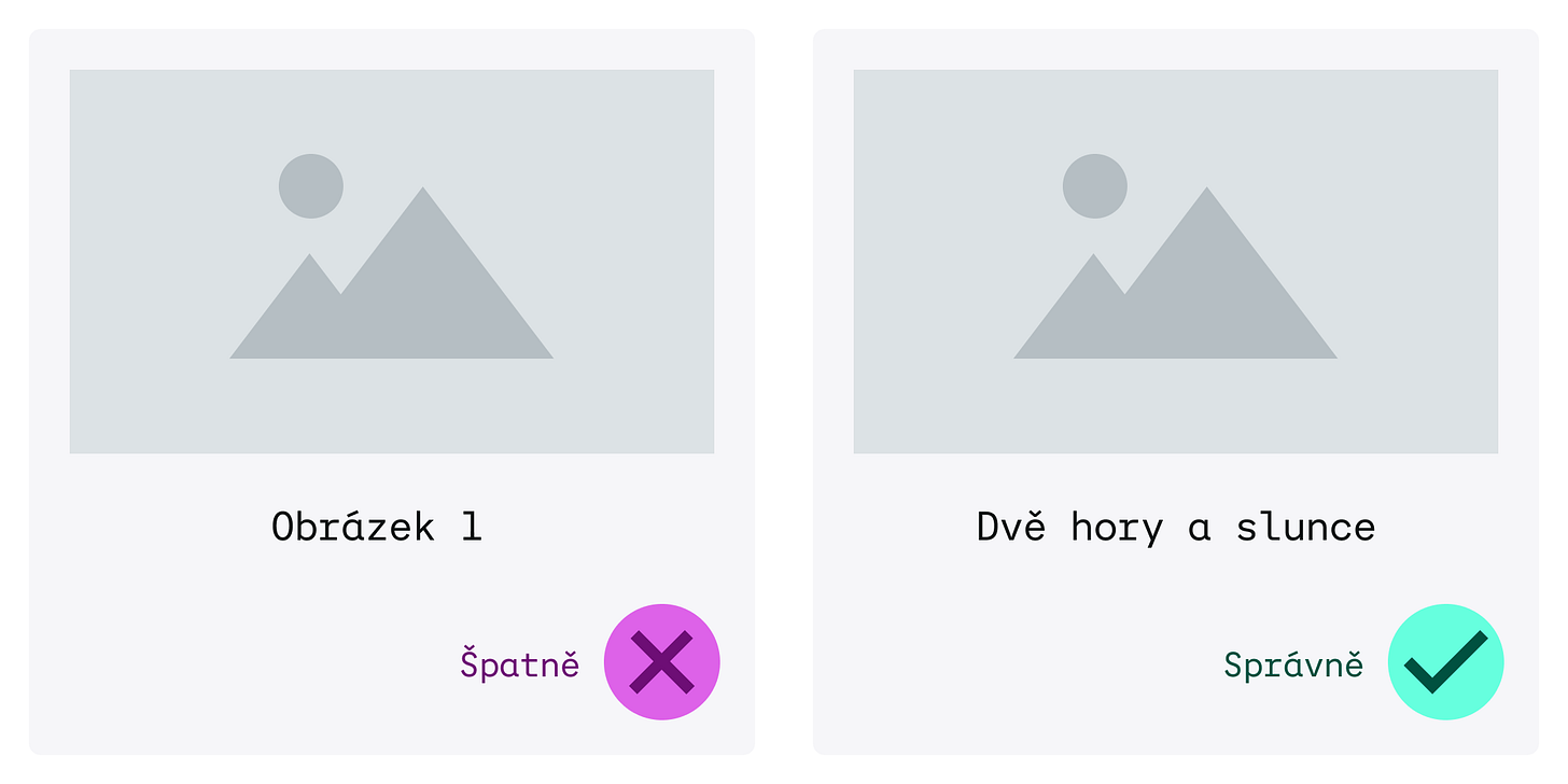 Vlevo (špatně) k obrázku je nastavený alternativní popisek: Obrázek 1. Vpravo (správně) alternativní text popisuje obrázek: Dvě hory a slunce.