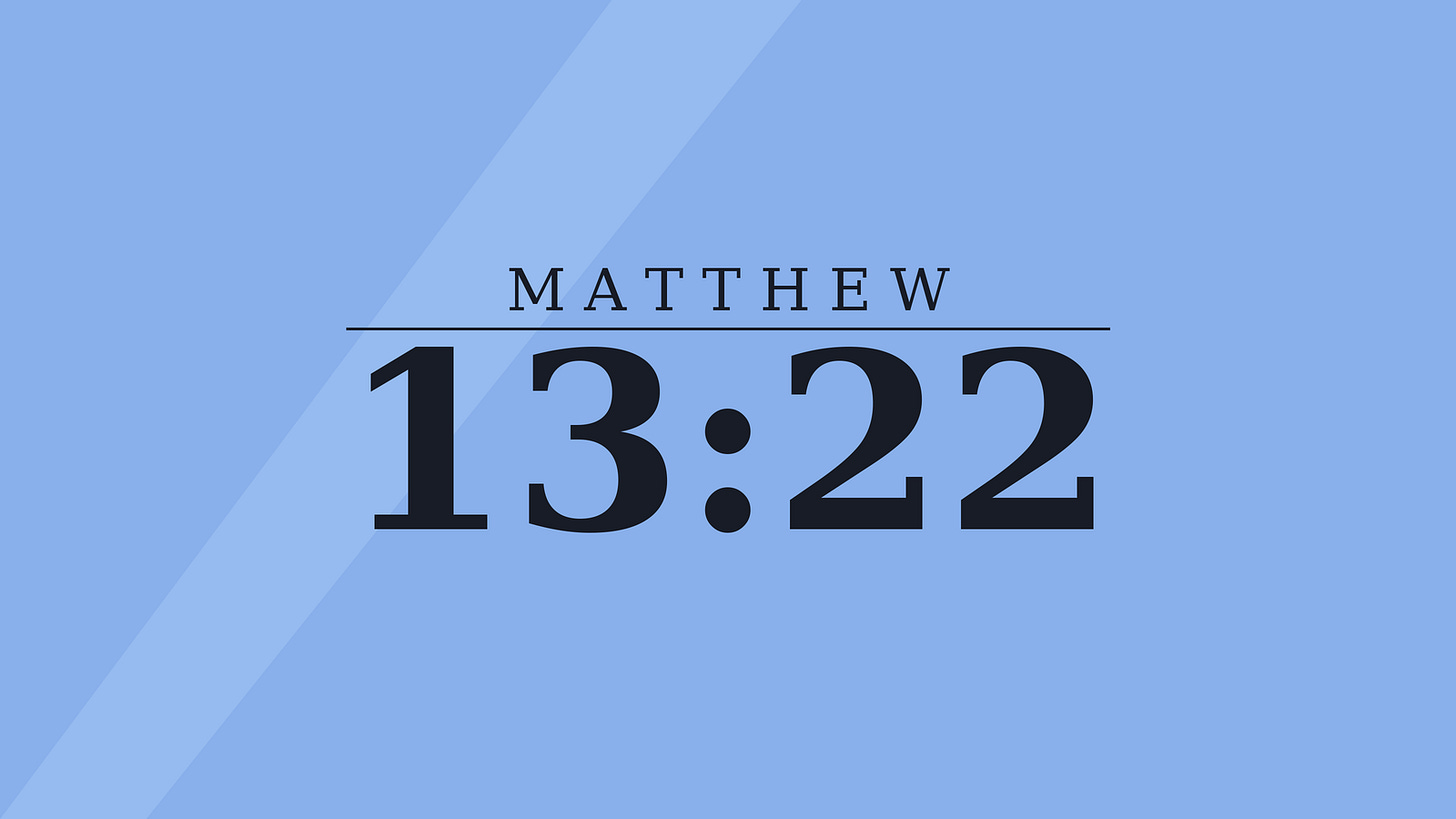 Navy cover image reading Matthew 13:22, the verse on the thorny soil in the parable of the sower. Navy cover image reading Matthew 13:22, the verse on the thorny soil in the parable of the sower.