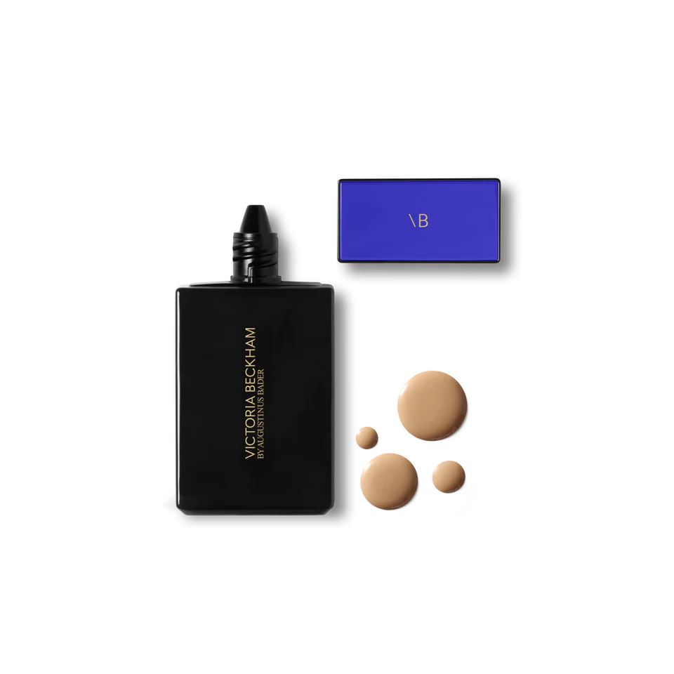 The Victoria Beckham The Foundation Drops bottle, and drops of the foundation for Donna Francis's The Beauty Ed® substack