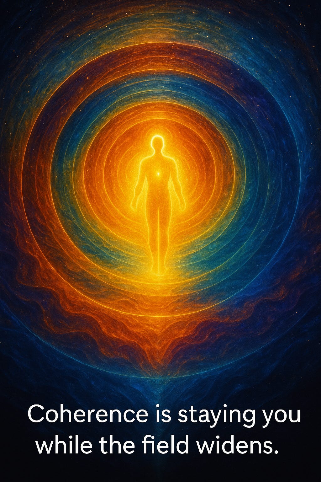 Digital artwork of a glowing human silhouette standing upright at the centre of the image. The figure is made of warm golden light, with a small bright point in the chest. Around the figure are expanding concentric rings of colour — first gold and orange, then teal, deep blue, and midnight tones — showing a field growing wider and richer. The centre stays clear and bright while the outer layers become more complex, illustrating “staying yourself while integrating more of reality.” Text at the bottom reads: “Coherence is staying you while the field widens.”