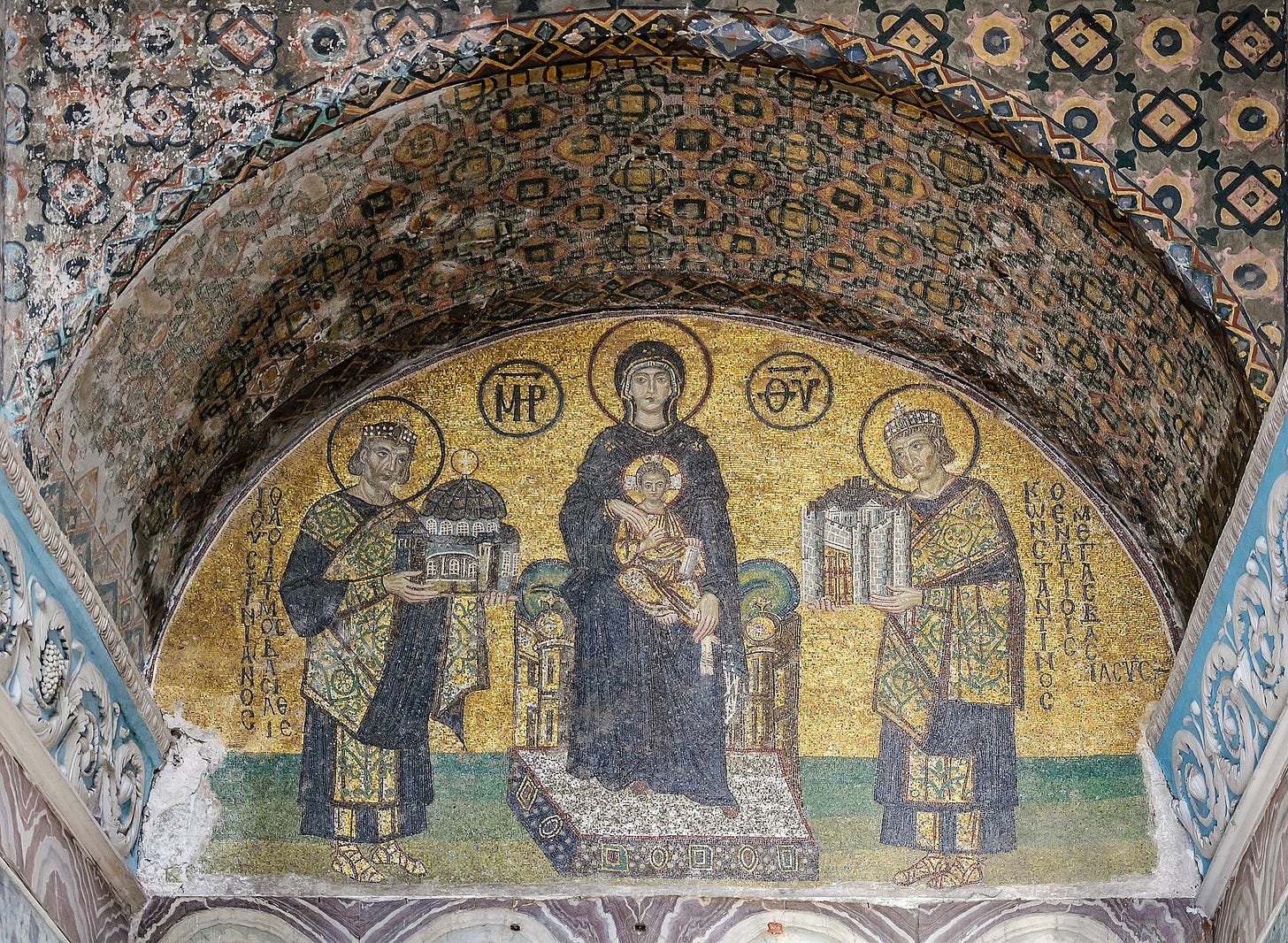 The Virgin seated with the Christ child, with an emperor on each side offering her a model, one of a city and one of a church, against a gold ground. The Virgin seated with the Christ child, with an emperor on each side offering her a model, one of a city and one of a church, against a gold ground.