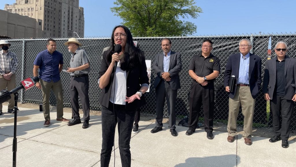 Rising Voices co-executive director Jasmine Rivera speaks at an event on July 31, 2023, in Detroit, Mich.