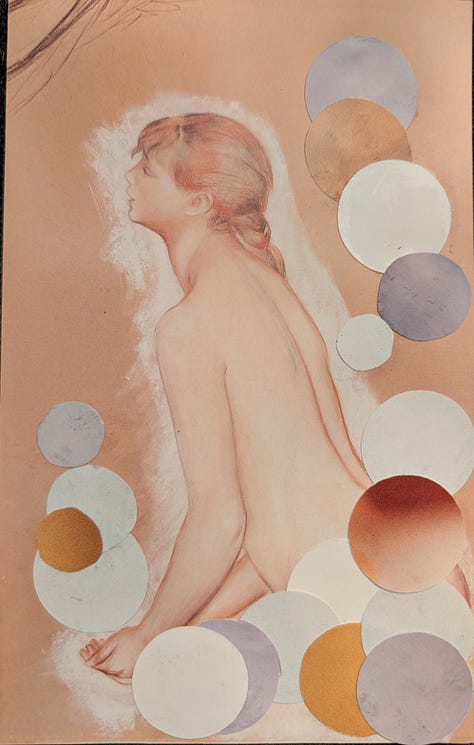 Three collages - first one is a found Renoir sketch of a kneeling woman on a peach background with white, gray, and pearly orange circles surrounding her; the secone is a yellowed book page with multiple pink and red and white papers creating a landscape with clouds, and the third isa blue underwater background photo and a diagram of human teeth with three black and white fish swimming out of the mouth.