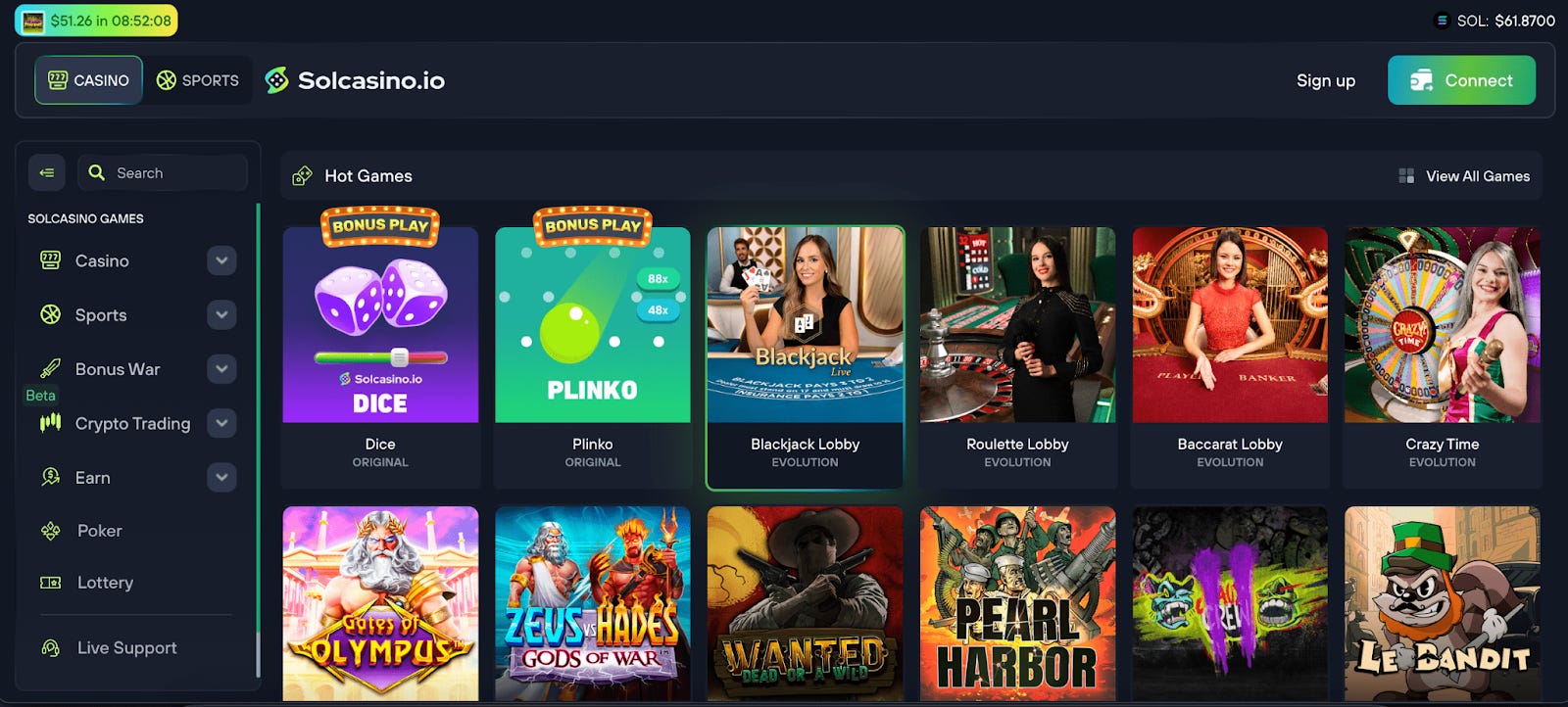 Interface des bonus sur Solcasino