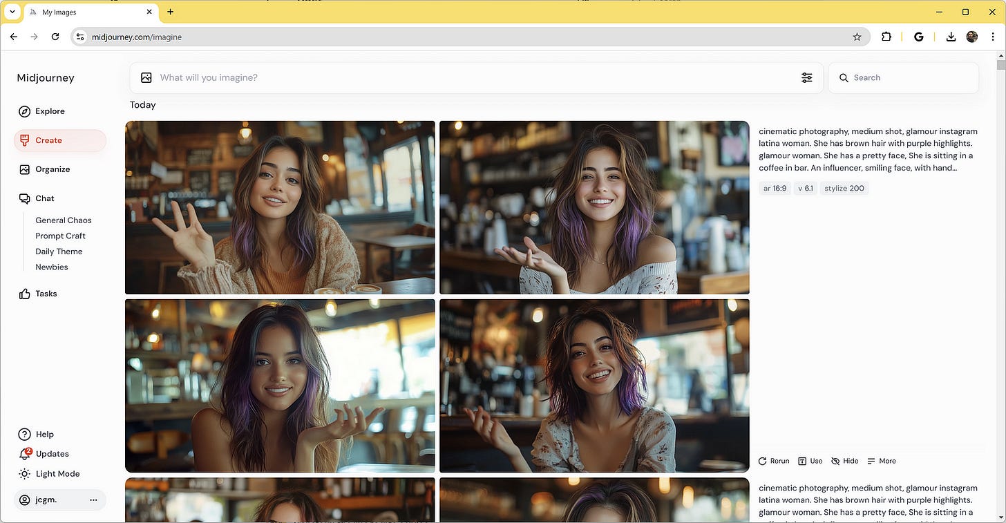 Midjourney AI Prompt: A cinematic photography, medium shot, glamour instagram latina woman. She has brown hair with purple highlights. glamour woman. She has a pretty face, She is sitting in a coffee in bar. An influencer, smiling face, with hand gestures as if she’s explaining something Midjourney AI Prompt: A cinematic photography, medium shot, glamour instagram latina woman. She has brown hair with purple highlights. glamour woman. She has a pretty face, She is sitting in a coffee in bar. An influencer, smiling face, with hand gestures as if she’s explaining something
