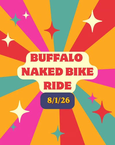 Promotional graphic with red, pink, orange, and teal sunburst rays and scattered star shapes, reading "Buffalo Naked Bike Ride" in red letters on a cream banner above the date 8/1/26. Promotional graphic with red, pink, orange, and teal sunburst rays and scattered star shapes, reading "Buffalo Naked Bike Ride" in red letters on a cream banner above the date 8/1/26.