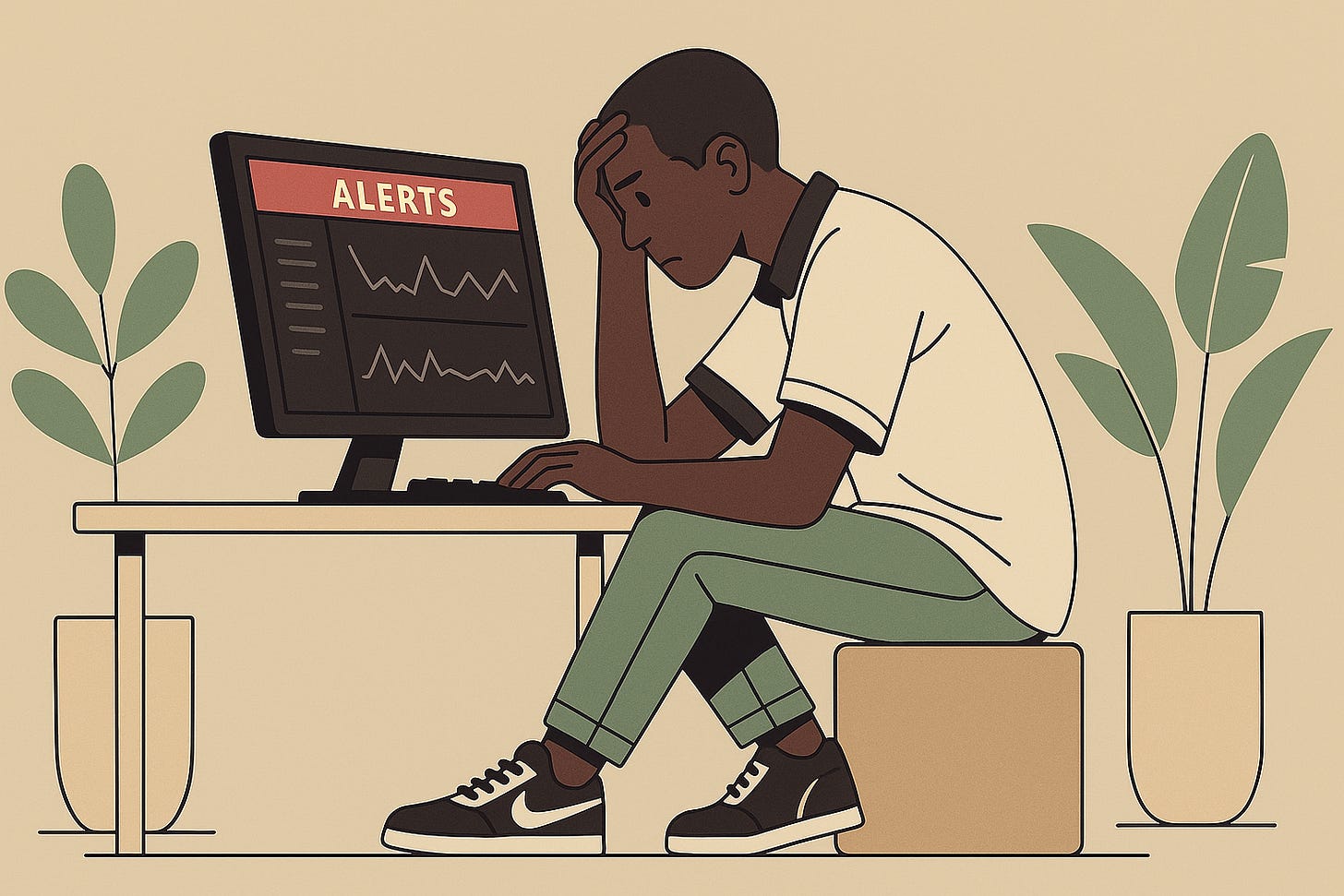 A flat-style digital illustration of a young Black male engineer sitting at a desk, looking stressed while reviewing alert graphs on a computer screen. He holds his head with one hand and types with the other. The workspace is minimal, with two green potted plants on either side, and the screen prominently displays the word “ALERTS” above jagged line graphs. A flat-style digital illustration of a young Black male engineer sitting at a desk, looking stressed while reviewing alert graphs on a computer screen. He holds his head with one hand and types with the other. The workspace is minimal, with two green potted plants on either side, and the screen prominently displays the word “ALERTS” above jagged line graphs.