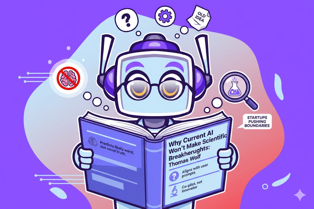 An illustration of the AI character neuralbuddy reading a large blue book titled "Why Current AI Won't Make Scientific Breakthroughs: Thomas Wolf." Thought bubbles above the character contain a question mark, a gear, and the text "OLD IDEA." Other icons represent the article's concepts, such as a 'no' symbol over a brain and a magnifying glass over a science flask, visualizing the limitations of current AI in achieving true scientific innovation.