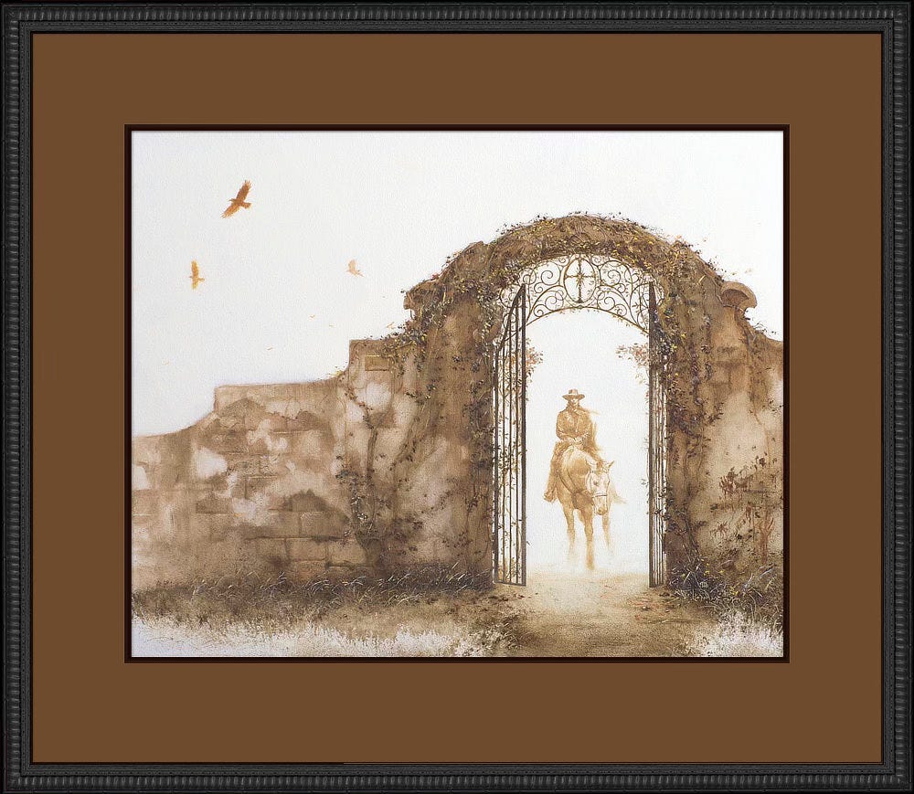 THE GATE OF ELURIA conservation framed with acid free mats, brown suede on top and black below, archival plexiglass and wood frame. THE GATE OF ELURIA conservation framed with acid free mats, brown suede on top and black below, archival plexiglass and wood frame.