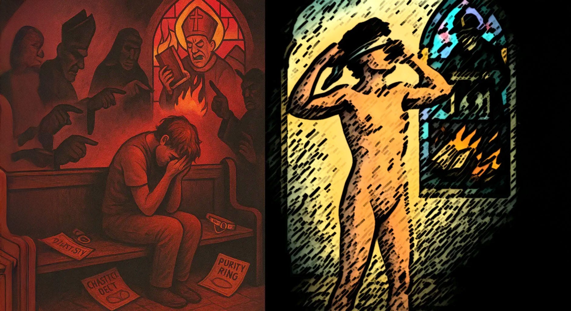 A person sits shamed in a church pew while religious figures scold them; in contrast, the same person stands free and unashamed under bright light, symbolizing liberation from sexual shame and religious control.