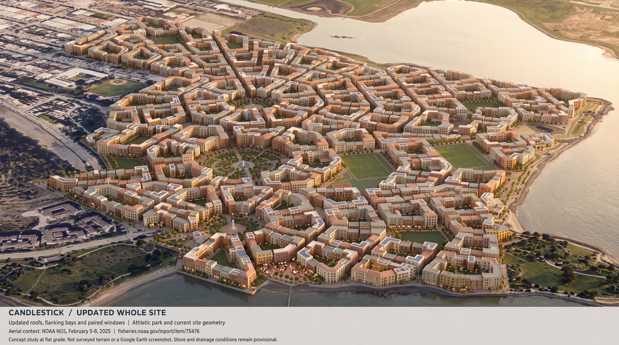 Illustrative golden-hour aerial of the Candlestick courtyard neighborhood, with small perimeter buildings, protected interior gardens, active streets, central piazzas, an athletic park and the waterfront. Original footer identifies NOAA aerial context and notes that grade, shoreline and drainage conditions are provisional.