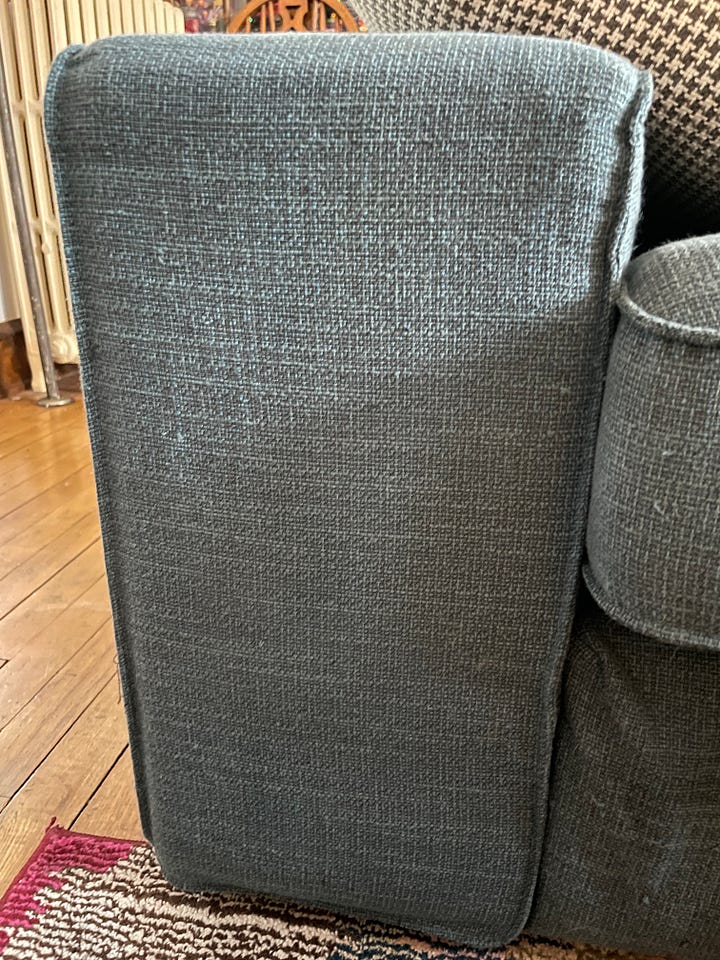 Two images of a blue couch. The first has been scratched up by a devious cat. The second has been repaired!