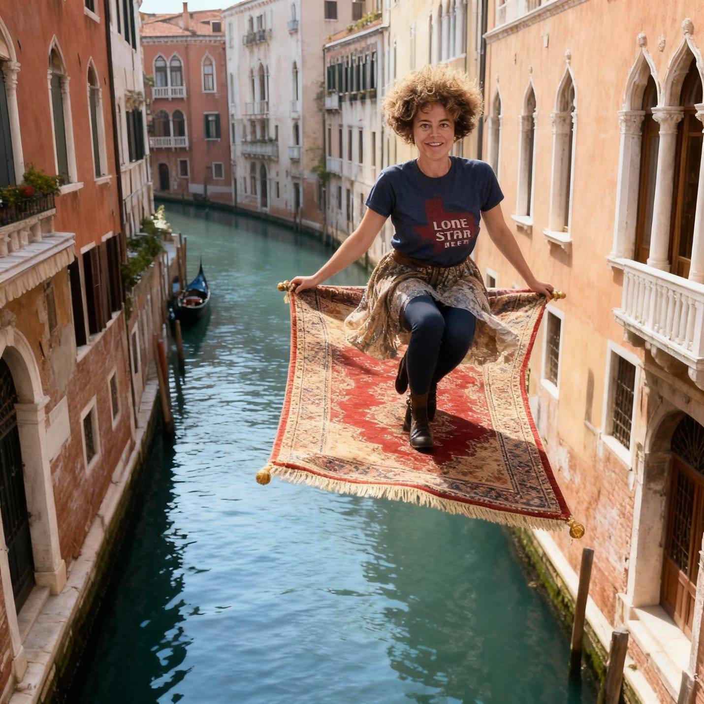 A person flying on a carpet over a canal

AI-generated content may be incorrect.