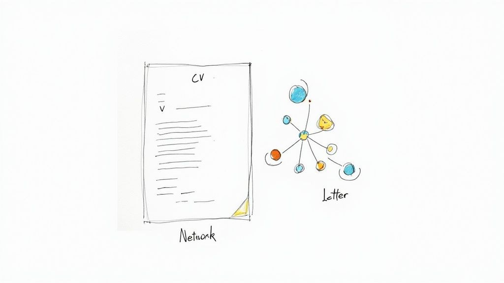 Hand-drawn sketch illustrating job search elements: a CV, a professional network, and a cover letter.