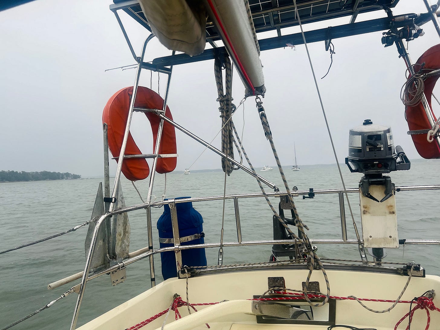 Sailboat cockpit during storm in Deltaville