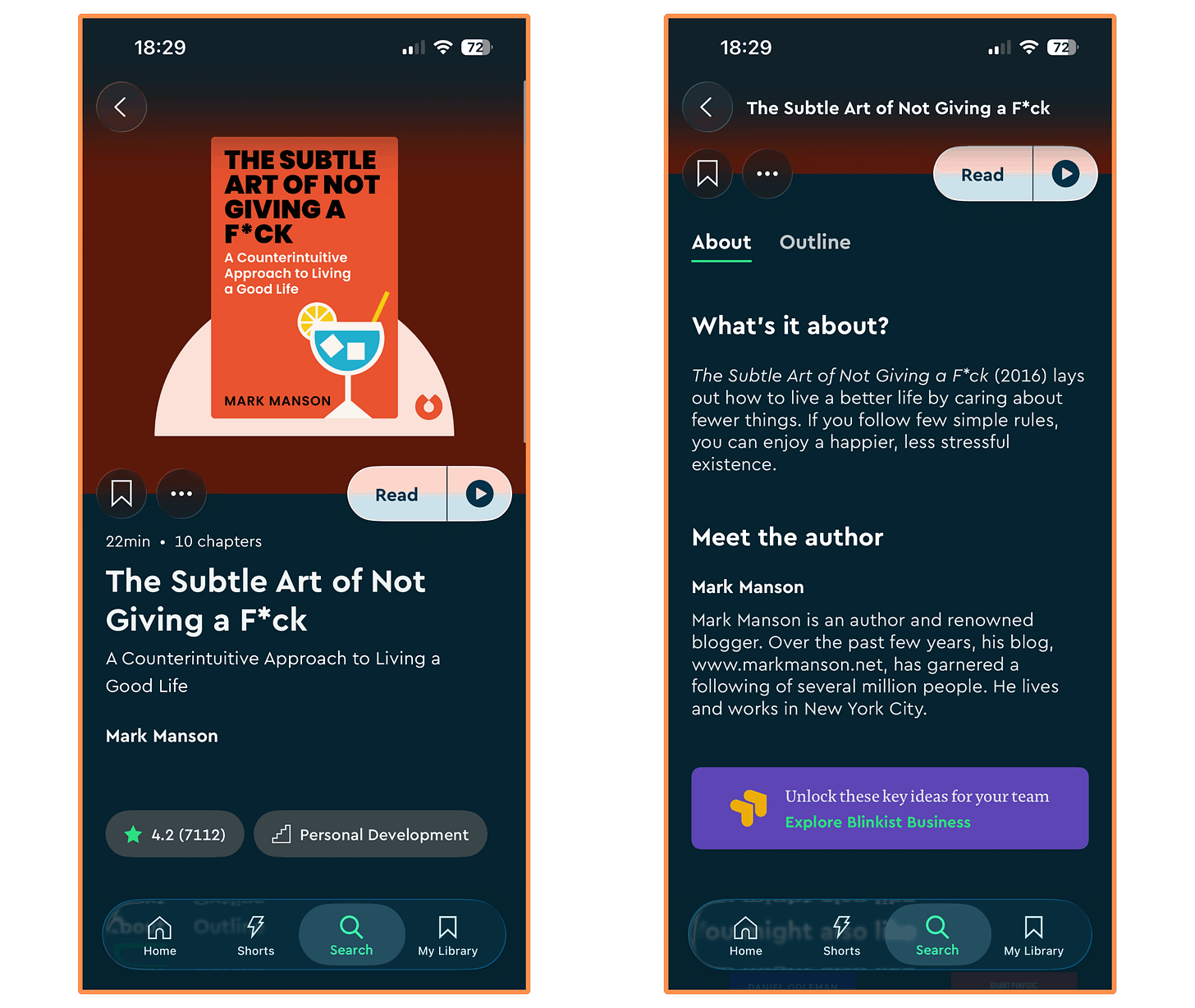 Blinkist’s cover of the book The Subtle Art of Not Giving a F*ck (dark mode)