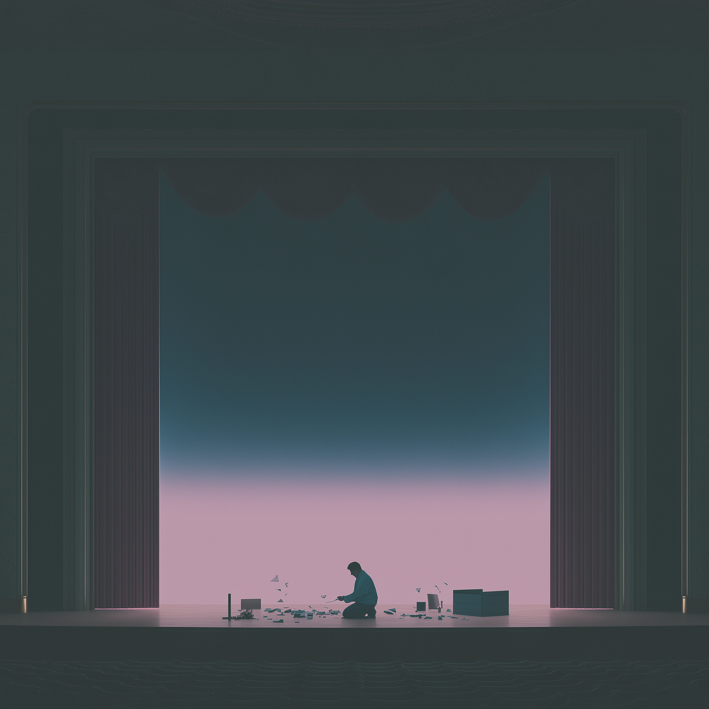 A person kneels on a dimly lit theater stage, surrounded by scattered, abstract objects. The stage is framed by a dark proscenium arch and red curtains pulled to the sides. The background is a gradient of deep blue fading to a soft pink. The scene has a minimalist, solitary, and dramatic feel.