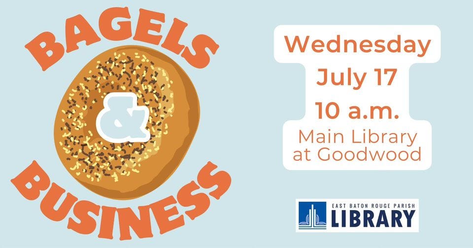 Graphic of a bagel with orange text and library logo